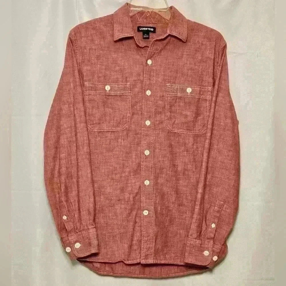 Lands' End Mens Long Sleeve Button Up Shirt 100% Comfy Cotton Salmon Small 34-36
